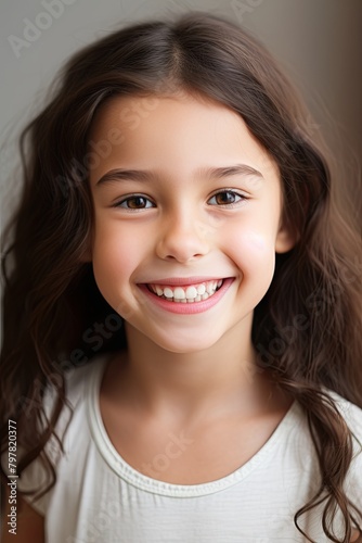 Smiling Portrait of a Young Girl with Curly Hair in a White T-Shirt Showing Her White Teeth Through Her Smile