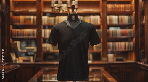 A black v-neck t-shirt on a mannequin in a library.