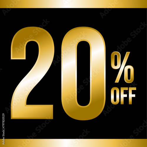 20 percent off gold, with black background and gold strips on top and bottom