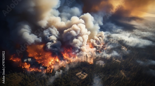 Aerial view of a large forest fire  plumes of smoke and patches of flames visible  showcasing the scale of the disaster