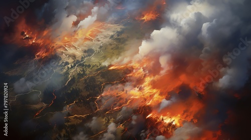 Aerial view of a large forest fire, plumes of smoke and patches of flames visible, showcasing the scale of the disaster © kamon