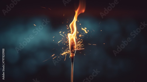 Detailed macro shot of a lit match, the flame at the tipping point of ignition, against a dark, moody background photo