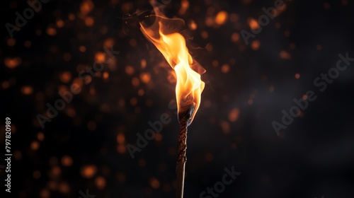 Detailed macro shot of a lit match, the flame at the tipping point of ignition, against a dark, moody background photo