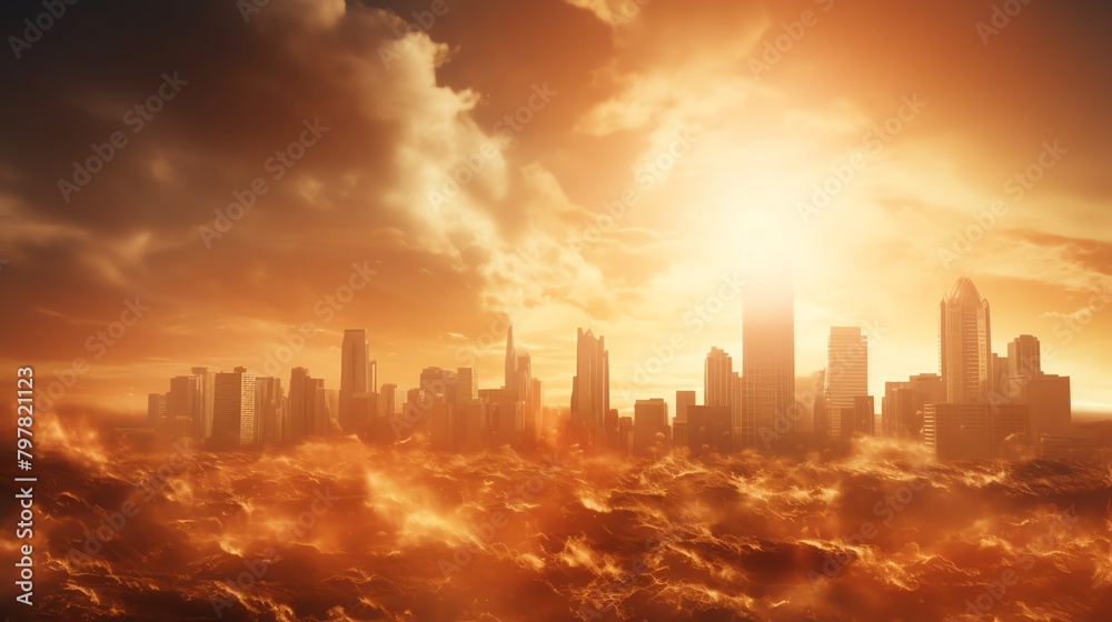 Urban heat island effect demonstrated with a crowded cityscape under intense summer heat, skyscrapers radiating warmth