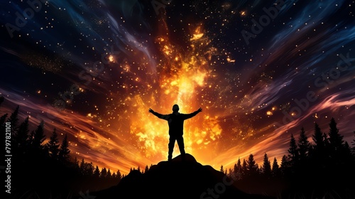 Silhouette of a person throwing firewood into a bright bonfire, starry night sky in the background, wilderness camping scene