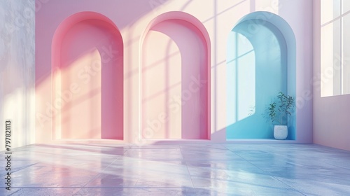 Pastel color room with arches and plant