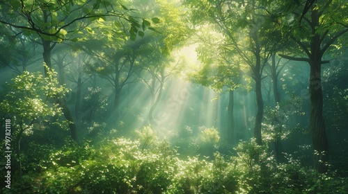 Mystical foggy forest with sun rays shining through the trees