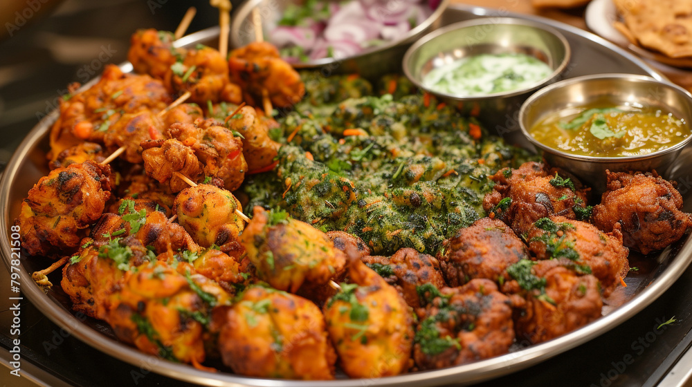 A platter of crispy and spicy pakoras, with a variety of vegetables such as potatoes, onions, and spinach, deep-fried to perfection, served with mint chutney.