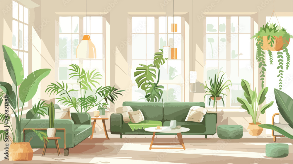 Interior of living room with green houseplants 