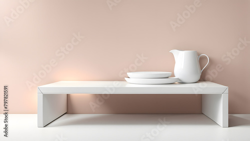A white table with a white pitcher and two white plates