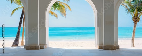 A very nice view trought white window of the beach and sea  romantic view.