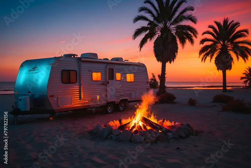 Cozy warm evening near travel trailer, campfire and guitar, family camping on caravan, rest at nature. Beautiful Sunset Background. photo