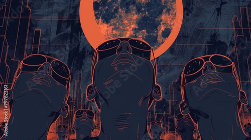 A striking cyberpunk illustration featuring silhouetted figures gazing up at a dystopian cityscape under a massive moon, creating a mood of contemplation and awe.