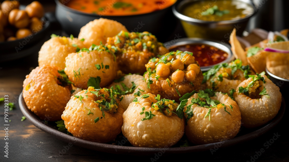 A platter of lip-smacking gol gappas, with crispy hollow puris filled with spiced tamarind water, potatoes, and chickpeas, topped with tangy and sweet chutneys. A platter of lip-smacking gol gappas, with crispy hollow puris filled with spiced tamarind water, potatoes, and chickpeas, topped with tangy and sweet chutneys.