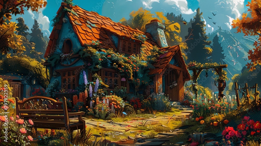 Obraz premium Illustration of a charming storybook cottage nestled in an enchanted garden full of lush flowers and foliage, with a whimsical forest backdrop.