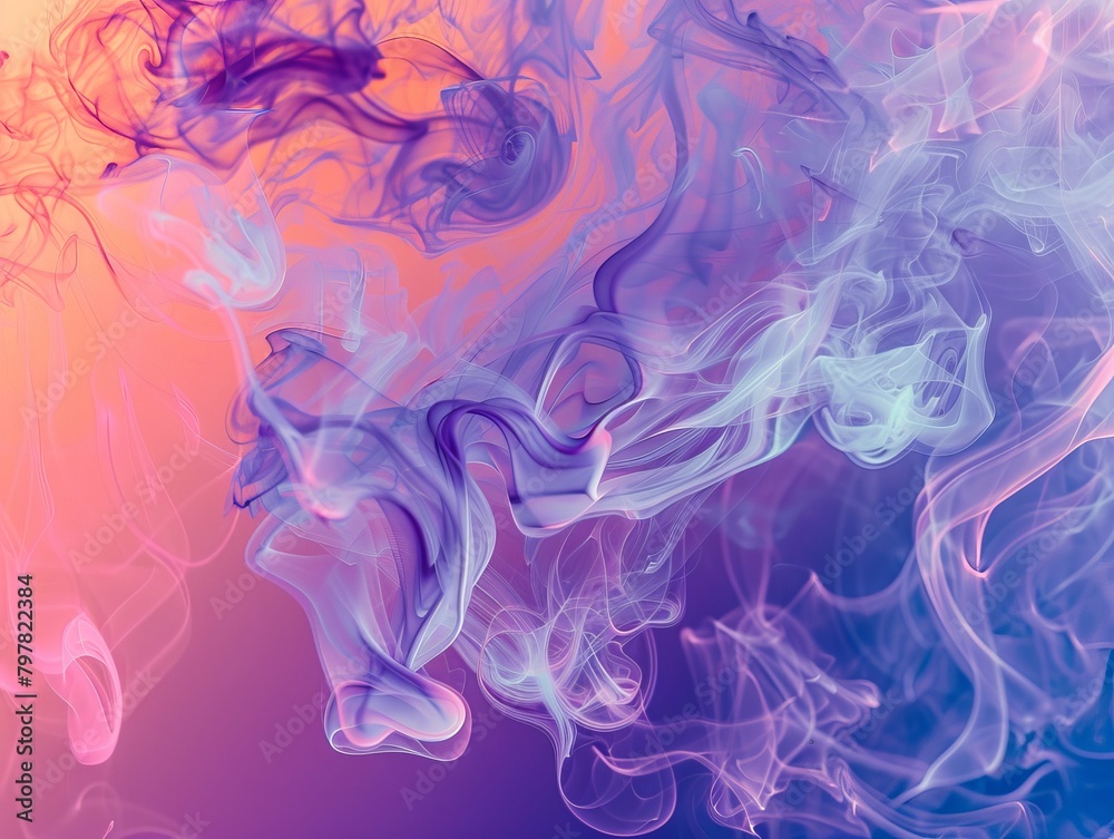 Ethereal swirls of purple and blue smoke dance in abstract harmony