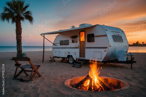Cozy warm evening near travel trailer, campfire and guitar, family camping on caravan, rest at nature. Beautiful Sunset Background.