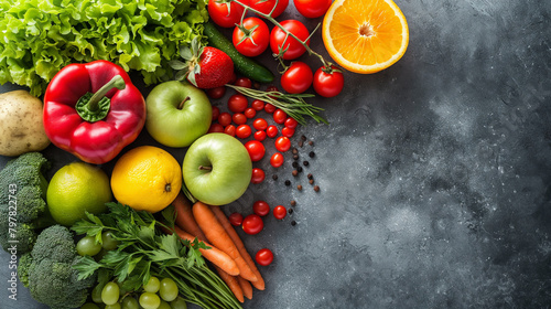 Assorted fresh ripe fruits and vegetables. Food concept background. Top view. Copy space.