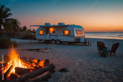 Cozy warm evening near travel trailer, campfire and guitar, family camping on caravan, rest at nature. Beautiful Sunset Background.