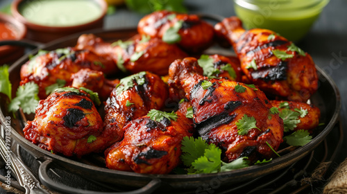 A platter of tender and juicy tandoori chicken, marinated in a blend of spices and yogurt, grilled in a traditional clay oven, served with mint chutney.
