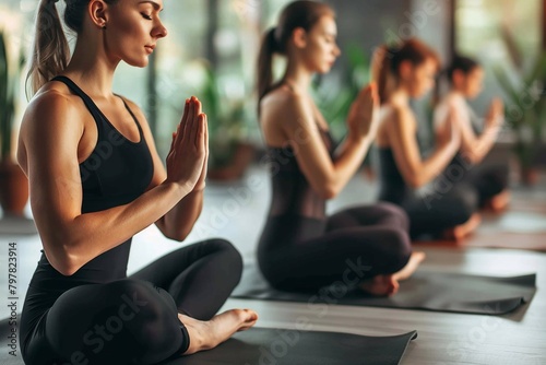 Woman doing yoga poses in gym, health concept.