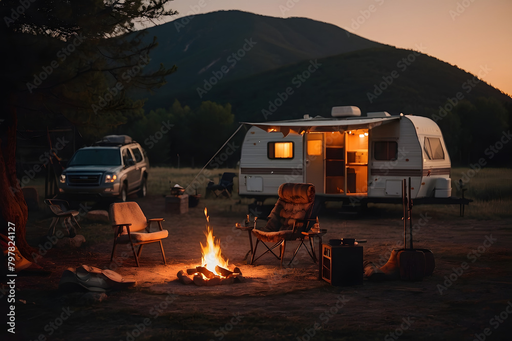 Cozy warm evening near travel trailer, campfire and guitar, family camping on caravan, rest at nature. Beautiful Sunset Background. Cozy warm evening near travel trailer, campfire and guitar, family camping on caravan, rest at nature. Beautiful Sunset Background.