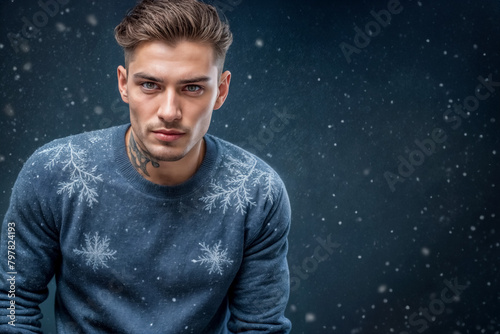 Ritratto di un giovane e affascinante modello maschile con tatuaggio, indossa una felpa a tema invernale su sfondo blu con neve photo