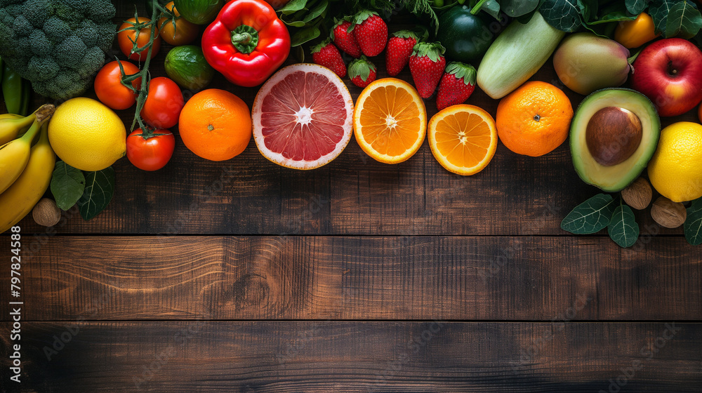 Healthy food background studio photography of different fruits and vegetables on wooden table.