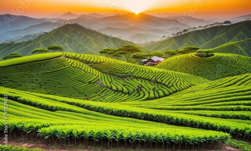 Green tea plantation at sunrise time, nature background