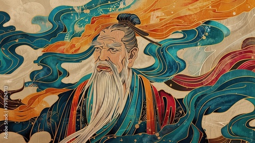 Abstract portrayal of Confucius' philosophy emphasizing harmony and order
