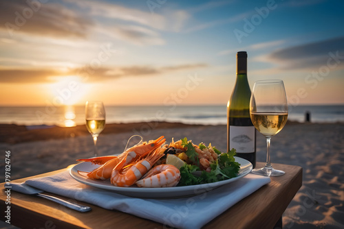 Romantic sunset dinner on the beach. Table honeymoon set for two with luxurious food, glasses of champagne drinks in a restaurant with sea view. Summer love, romance date on vacation concept. photo