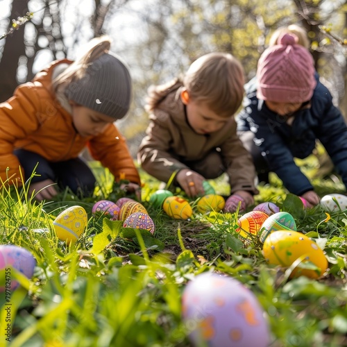 Easter egg hunt with clues and puzzles, children solving them, engaging and educational outdoor activity