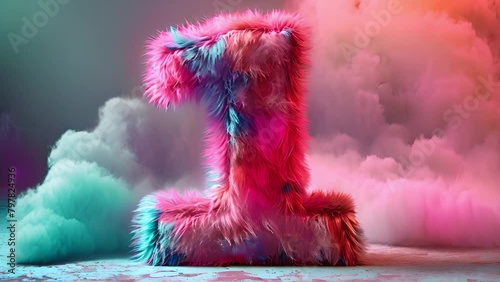 Furry number font. Easy editable digit. Soft and realistic fur. Number with blue fluffy hair