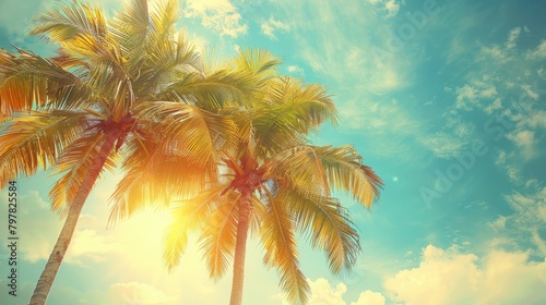 Vintage-styled photo of palm trees swaying against a clear blue sky, capturing the essence of a tropical paradise with its warm, nostalgic tones. © Chananporn