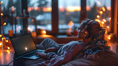 Young happy girl with curly hair lies on the couch relaxing, dreamily looking out the window and listening to music on headphones.