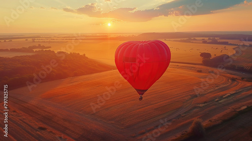 Red aerostat over fields. Romantic hot air balloon travels in the sky on beautiful nature background at sunset.