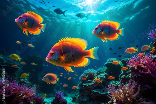 An underwater ecosystem teeming with vibrant marine life, emphasizing the beauty and importance of marine biodiversity. Colorful fish background. Neon colors.