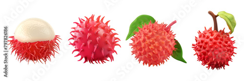 PNG rambutan 3d icons and objects collection, in cartoon style minimal on transparent, white background, isolate photo