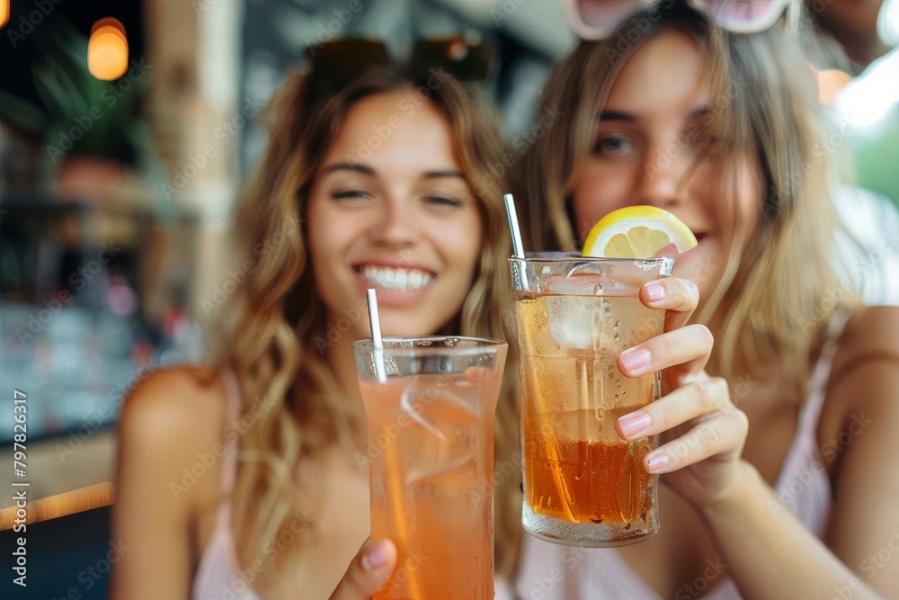 Smiling women presenting iced teas to camera with a selective focus Smiling women presenting iced teas to camera with a selective focus