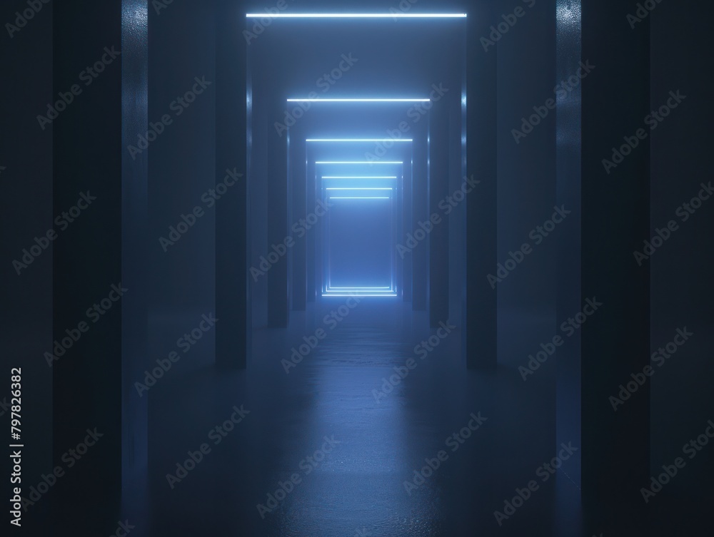 Futuristic dark blue corridor with neon light and reflection background