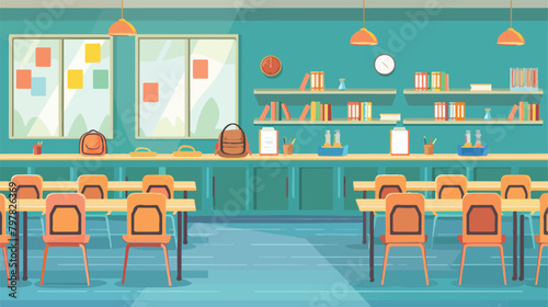 Interior of stylish empty classroom with backpacks an