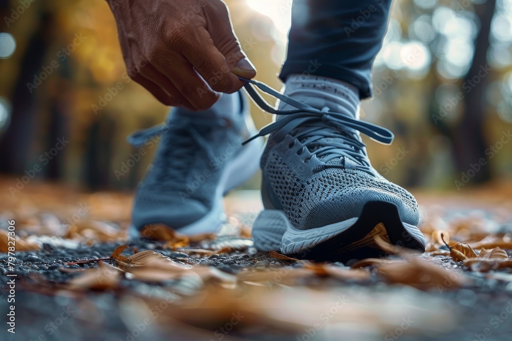 An image capturing a person in the midst of tying shoelaces on stylish gray running shoes on a backdrop of vibrant autumn leaves