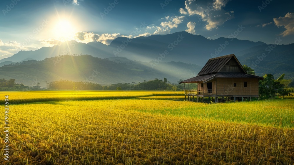 .A_wooden_house_in_the_middle_of_rice_fields_with_mount .A_wooden_house_in_the_middle_of_rice_fields_with_mount