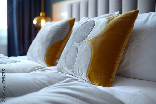 These plush yellow and white pillows rest invitingly on a bed, suggesting comfort and elegance in a high-end hotel room setting photo