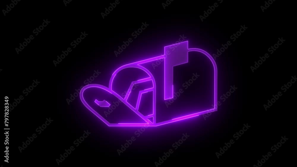 Open letter box icon glowing neon purple color animation black background