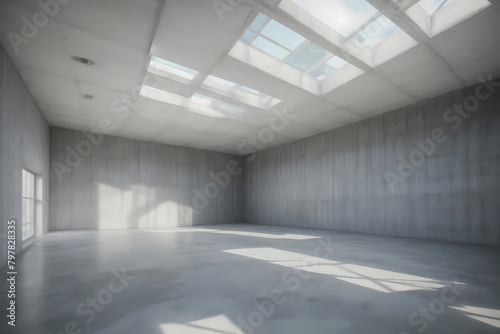 Abstract of concrete interior with sun light cast the shadow on the floor ,Geometric structure design,Museum space on mountains view background, Perspective of brutalism architecture