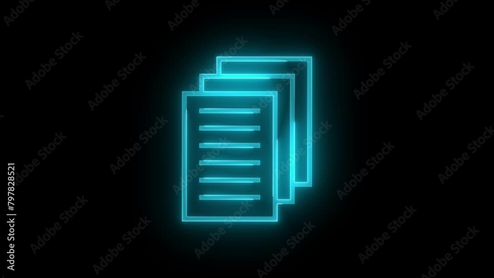 Page papers icon glowing neon cyan color animation black background Page papers icon glowing neon cyan color animation black background