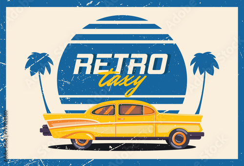 Business card for a taxi in retro style. Yellow retro car template.