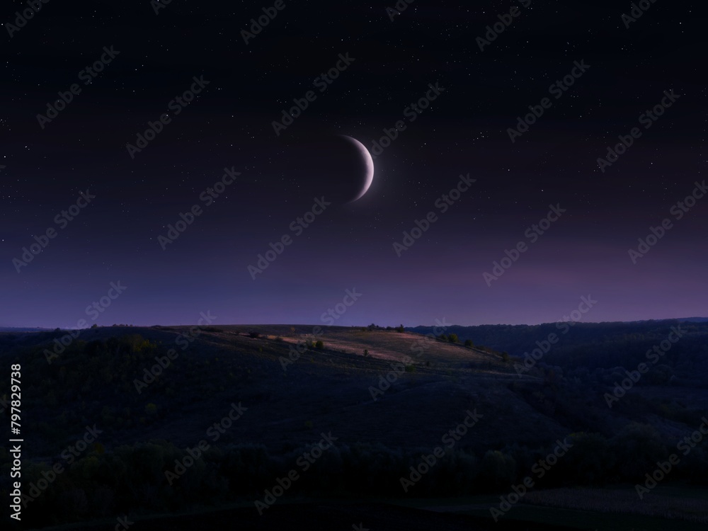 Crescent moon in the night sky with stars. Landscape with the moon over the hill.