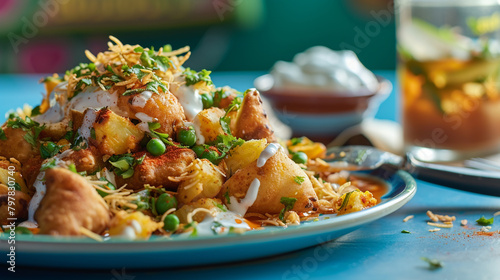 A side view of a plate of samosa chaat with deep-fried pastries filled with potatoes, peas, and spices, crushed and topped with yogurt, tamarind chutney, sev, and spices, and served with green peas.